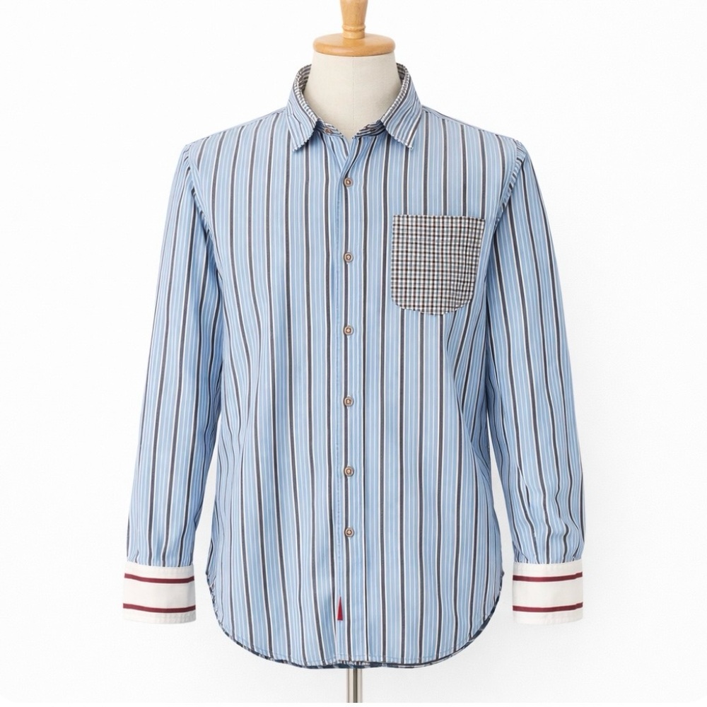 Robert Graham Striped Button Down Shirt Gingham Pocket Contrast Cuffs, XL